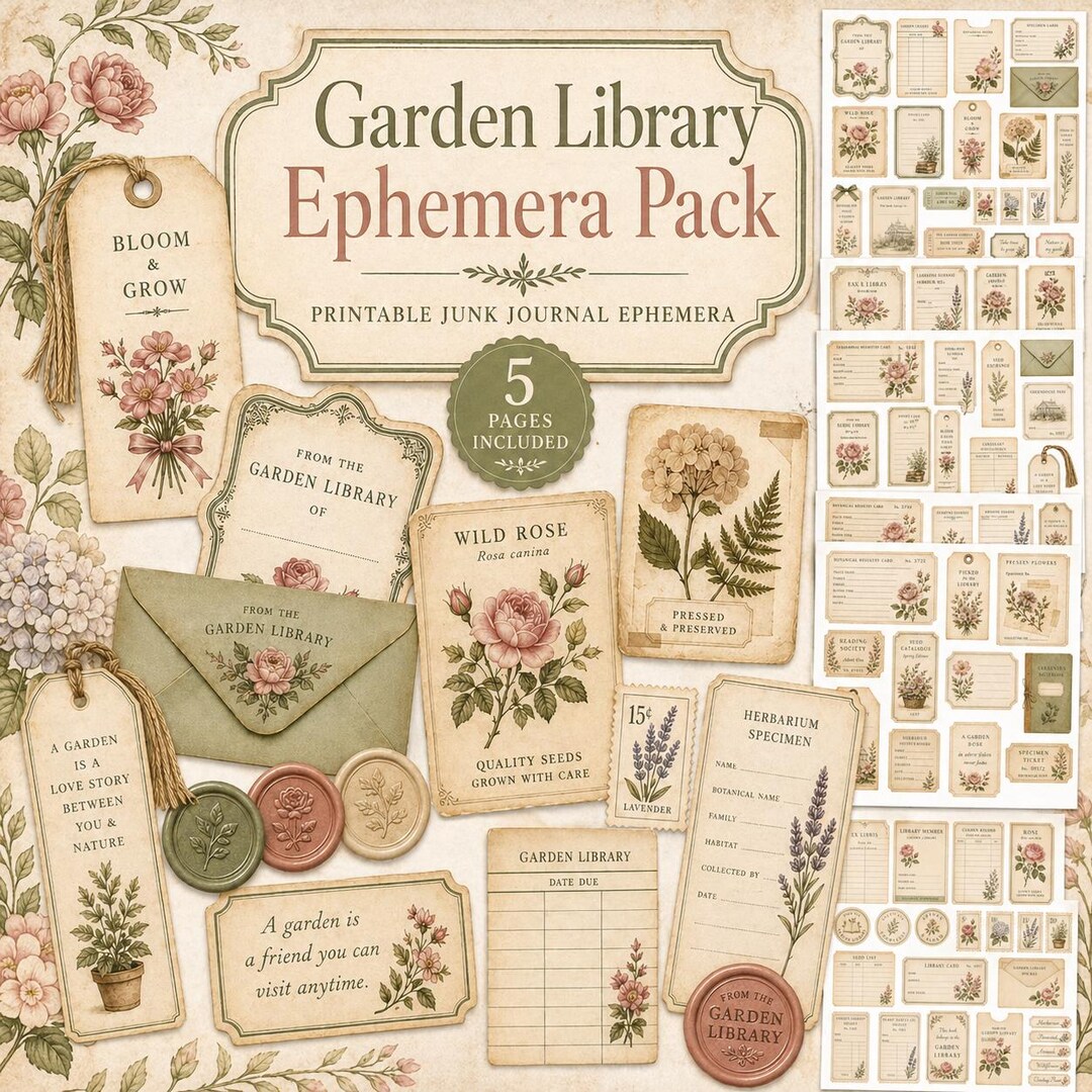 Garden Library Ephemera, Printable Junk Journal Pack, Botanical Tags ...