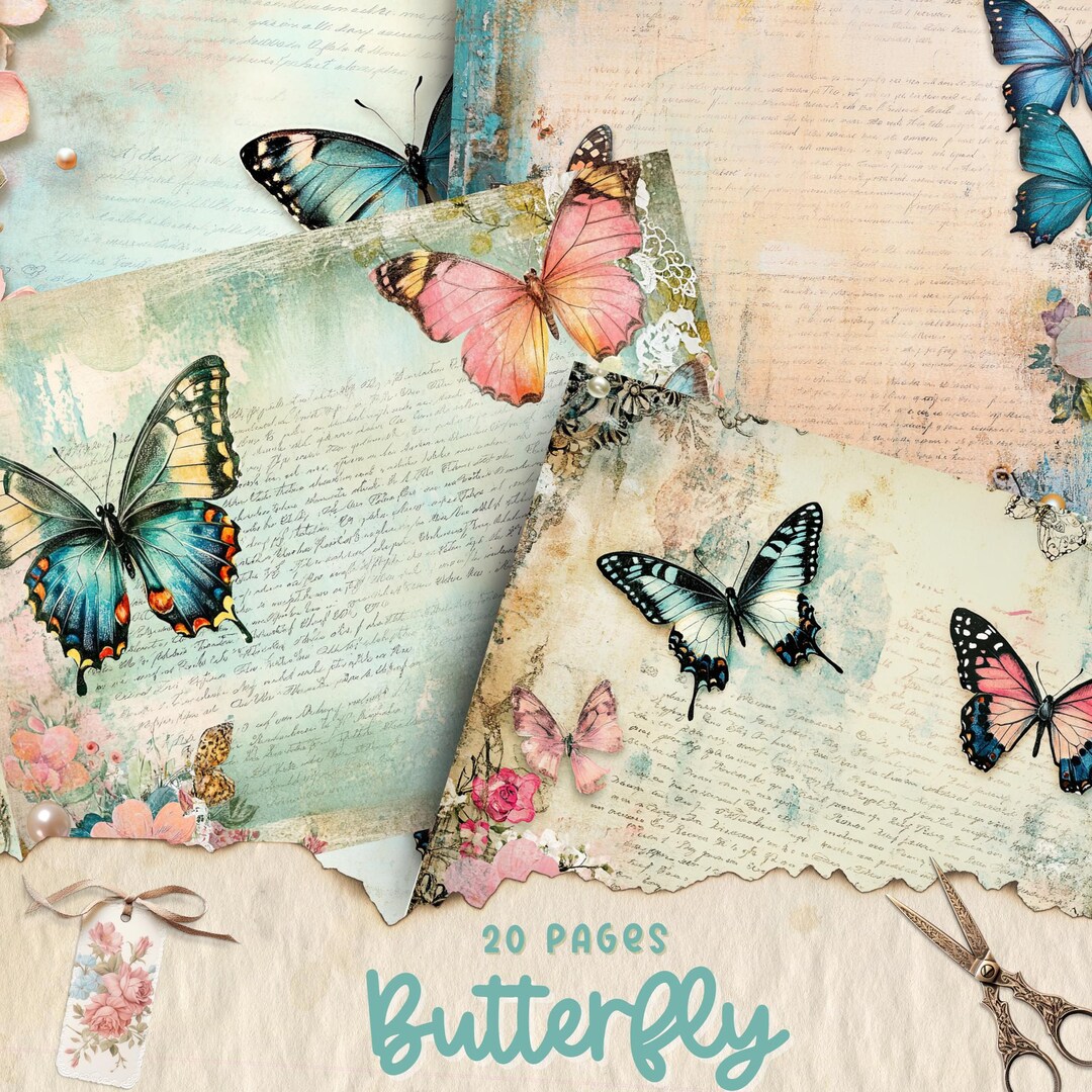 Floral Butterfly Junk Journal Paper, Fantasy Butterfly Journal Pages ...