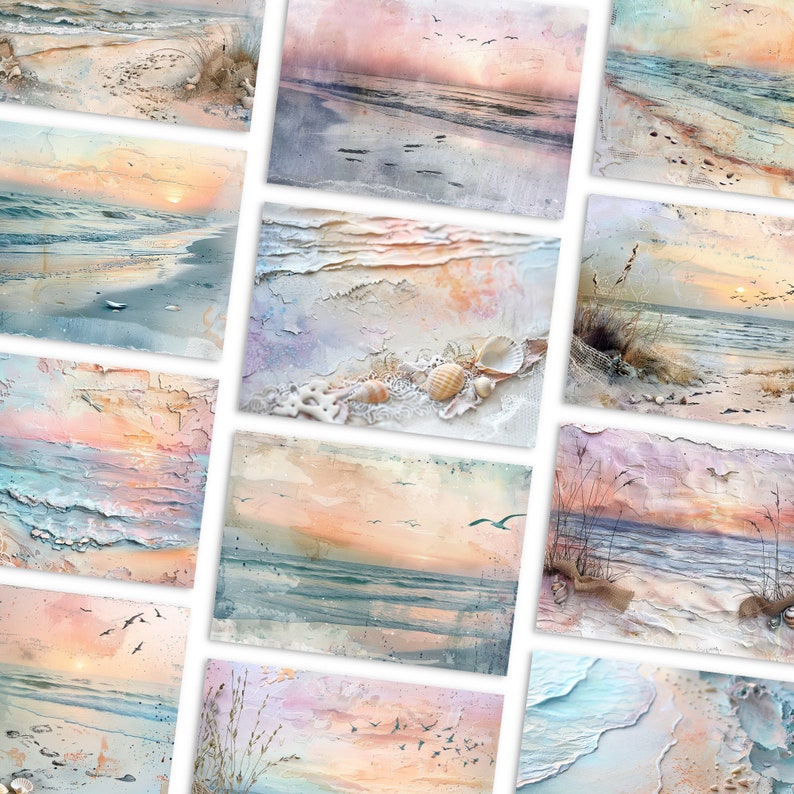 May include: A collage of 10 digital paintings depicting seascapes with a beach, ocean waves, and a sunset sky. The paintings are in a variety of colors, including blue, green, pink, and orange. Some of the paintings feature seashells and seagrass.