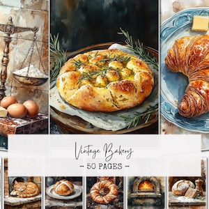May include: Watercolor illustration of a vintage bakery scene. The image features a scale with flour, baked goods, and the text "Vintage Bakery - 50 Pages". A croissant sits on a blue plate with a pat of butter.
