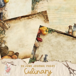 Diário de lixo de livro de receitas vintage, página de comida em aquarela, papel digital de culinária, álbum de recortes, diário de receitas antigas, coisas efêmeras de cozinha para impressão