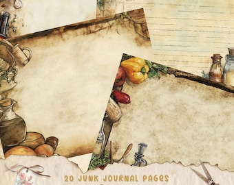 May include: A collection of 20 junk journal pages with a culinary theme. The pages have a vintage, aged paper appearance with watercolor illustrations of vegetables, herbs, and kitchen tools. The word "Culinary" is written in a decorative font.