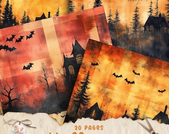 May include: A set of 20 digital papers featuring a Halloween theme. The papers have a vintage, distressed look with images of houses, trees, bats, and a moon. The papers are in shades of orange, yellow, and brown.