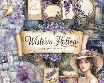 May include: A junk journal kit with a purple and white floral theme. The kit includes papers, tags, and embellishments with a whimsical design. The title "Wisteria Hollow Junk Journal Kit" is featured on the front of the kit.