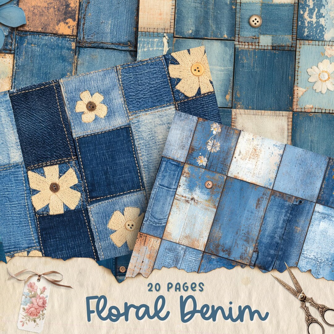 Denim Junk Journal Page Bundle, Textile Collage Sheets, Patchwork ...