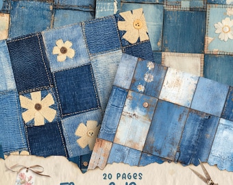Denim Junk Journal Page Bundle, Textile Collage Sheets, Patchwork Digital Scrapbooking, Floral Lace, Vintage Ephemera, Shabby Chic Paper