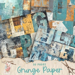 Páginas azuis do diário de lixo vintage, papel digital, folhas de textura grunge, suprimentos para álbuns de recortes, coisas efêmeras vintage, páginas surradas, download instantâneo