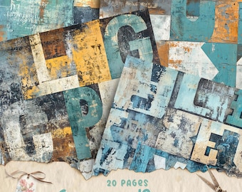 Blue Vintage Junk Journal Pages, Digital Paper, Texture Grunge Sheets, Scrapbook Supplies, Vintage Ephemera, Shabby Pages, Instant Download