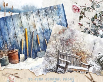 Winter Garden Junk Journal Kit, Snow Collage Printable Journal Pages, Vintage Digital Paper for Scrapbooking, Shabby Chic Winter Background