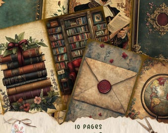 Secret Library Junk Journal Kit, Printable JPG Pages with Ephemera, Tags, Bookmark, Dark Academia, Old Book Digital Paper, Digital Download