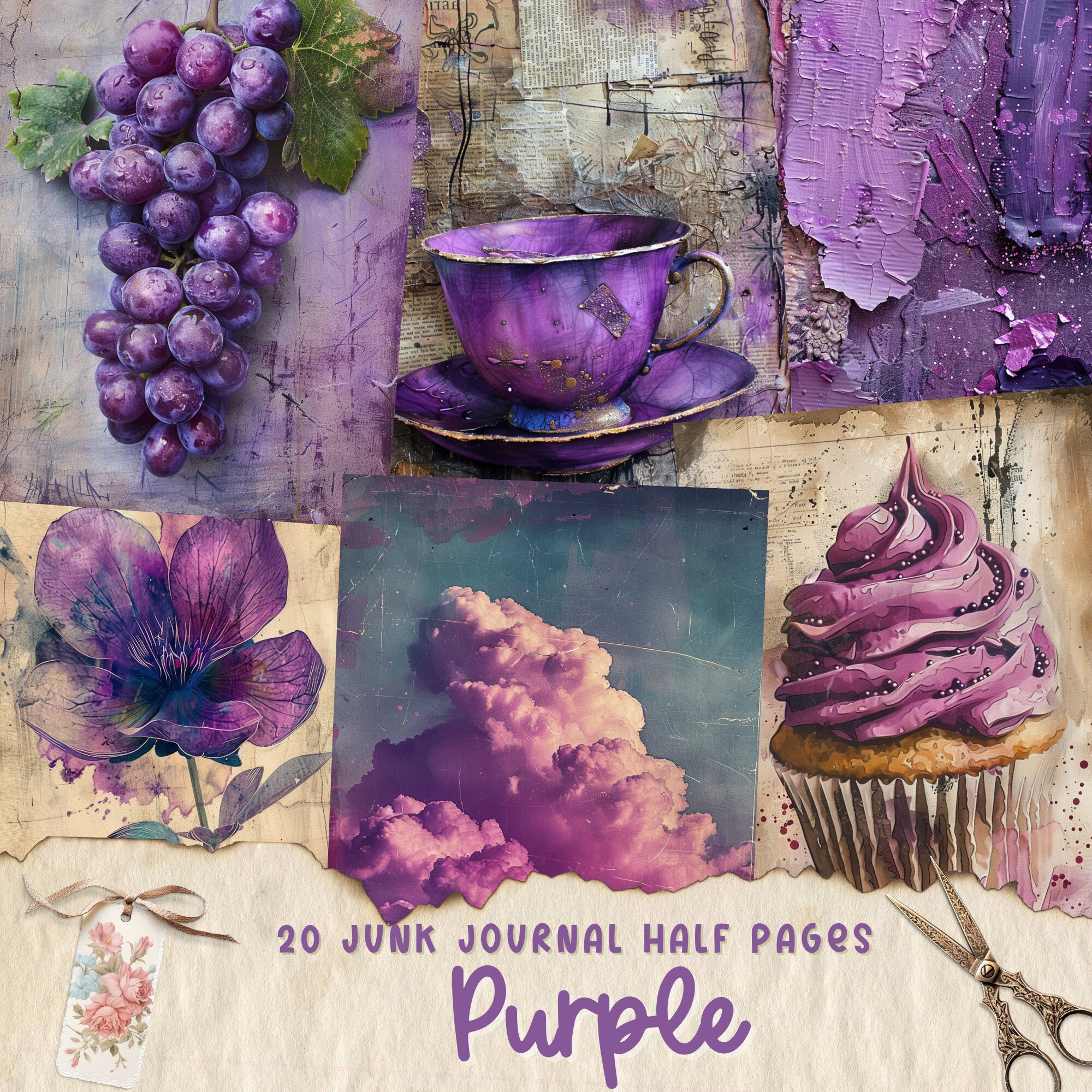 Purple Mixed Media Junk Journal Art Kit, Digital Papers, Printable