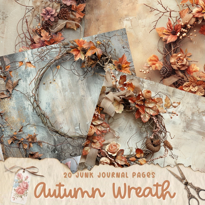 Autumn Wreath Junk Journal Pages, Digital Fall Scrapbook Paper ...