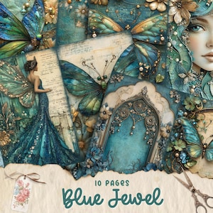 Jewel Blue Junk Journal Pages, plakboekafbeeldingen, collagepapier, digitaal afdrukbaar papier, shabby chic, vintage afbeeldingen, vrouwelijk en zacht