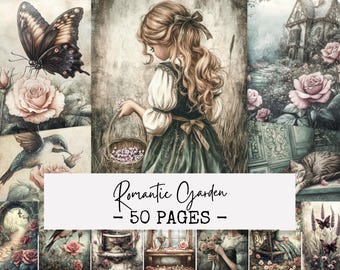 May include: A digital art print titled "Romantic Garden" featuring a young girl with a basket of flowers, butterflies, roses, and a hummingbird. The artwork has a vintage, watercolor style with soft colors and a whimsical theme. The text "50 PAGES" is also included.