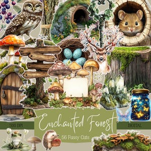 Skräpjournal från förtrollad skog, utskrivbara fussy cuts från skogen, digital scrapbooking, mörk skogsmark, clipart-papper, nedladdning av klistermärken