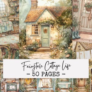 May include: A watercolour collage depicting a charming cottage with a stone exterior, a green door, and a terracotta roof. The image includes the text "Fairytale Cottage Life - 50 Pages". The scene is filled with greenery and a whimsical atmosphere.