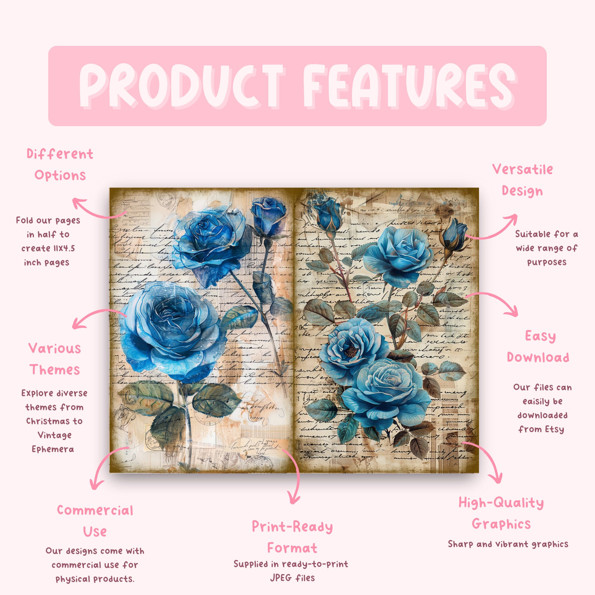 Blue Rose Junk Journal Pages,vintage Rose Digital Scrapbook Paper