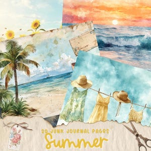 Kit de páginas de diario basura de verano, material efímero imprimible, descarga digital, suministros para álbumes de recortes, paquete de papel de collage costero, océano, mar, viajes