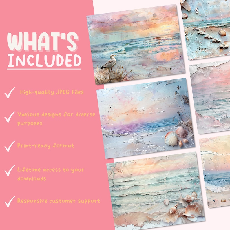 May include: A set of six digital art prints featuring seascapes with seashells and a seagull. The prints are in a textured style with a soft, pastel color palette.