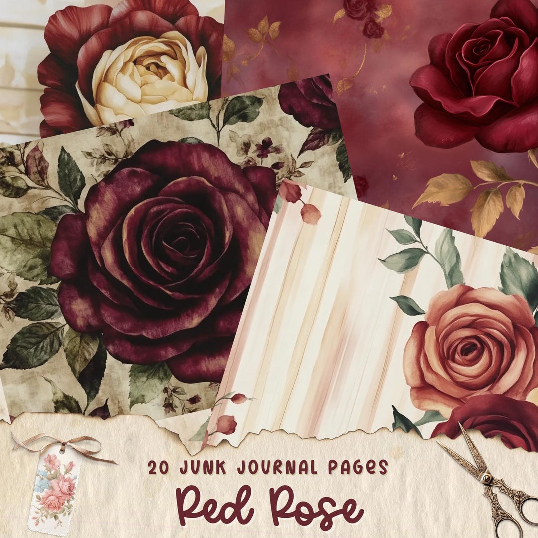 Red Rose Junk Journal Page Bundle, Shabby Chic, Printable Journal Paper ...