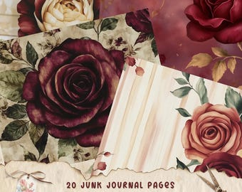Zestaw stron dziennika Red Rose Junk, Shabby Chic, Zestaw papieru do dziennika do druku, Pobieranie cyfrowe, Materiały do scrapbookingu, Tło papieru do rękodzieła