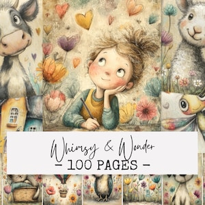 May include: A collection of watercolour illustrations with a whimsical theme. The image includes a young girl, a cow, a sheep, and a dragonfly, with hearts and flowers. Text on the image reads "Whimsy & Wonder - 100 Pages".