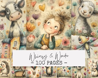 Pode incluir: Ilustrações em aquarela com uma menina, uma vaca, uma ovelha e uma libélula. A imagem tem um tema fantasioso com corações e flores. O texto na imagem diz "Whimsy & Wonder - 100 Pages".