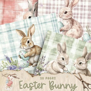 May include: A set of four digital paper designs featuring cute bunnies holding Easter eggs. The papers have a plaid pattern in shades of pink, blue, and green.