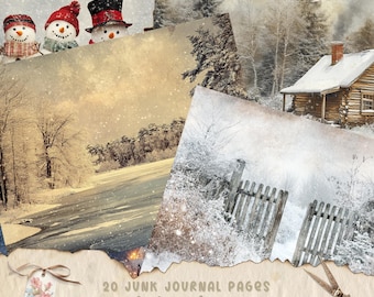 Winter Junk Journal Kit, Snow Collage Printable Journal Pages, Vintage Digital Paper for Scrapbooking, Shabby Chic Winter Background