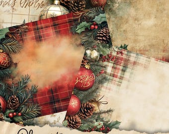 May include: A set of 20 digital junk journal pages featuring a Christmas theme. The pages include red and green plaid patterns, pine branches, red ornaments, and a vintage-style background.