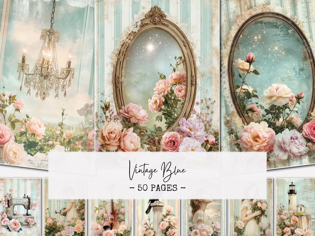 Vintage Blue Junk Journal Pages, Shabby Chic Floral Printable Paper ...