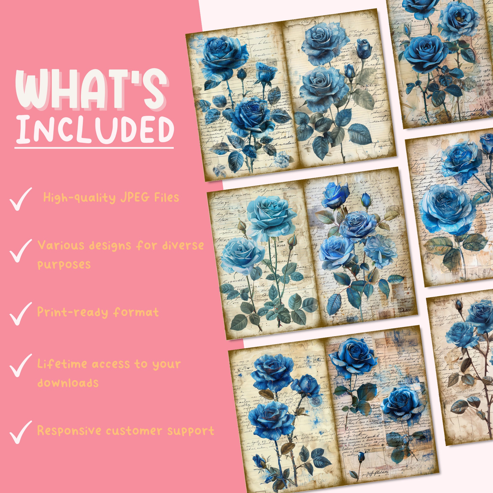 Blue Rose Junk Journal Pages,vintage Rose Digital Scrapbook Paper
