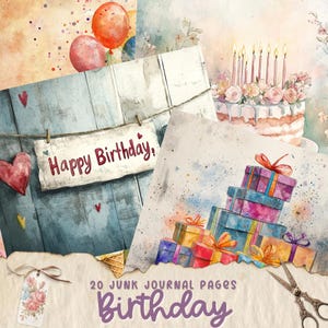 Pagine stampabili del diario di compleanno Junk, kit diario di celebrazione Junk, carta per diario Junk, effimeri vintage, shabby chic, forniture per album di ritagli