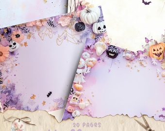 Könnte beinhalten: Ein Set mit 20 bedruckbaren Scrapbook-Papierseiten zum Thema Halloween. Die Seiten haben einen lila und weißen Hintergrund mit verschiedenen Halloween-Dekorationen, darunter Kürbisse, Geister und Fledermäuse. Der Text "20 Pages Halloween" ist unten auf den Seiten gedruckt.