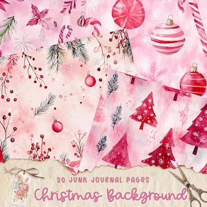 Pink Christmas Background Paper, Junk Journal Kit, Vintage Ephemera, Christmas Printable Scrapbook Pages, Digital Christmas Collage Sheet