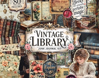 Secret Library Junk Journal Kit, Printable JPG Pages with Ephemera, Tags, Bookmark, Dark Academia, Old Book Digital Paper, Digital Download
