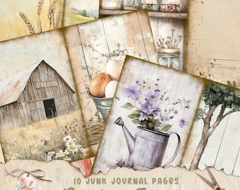 May include: Ten digital junk journal pages with a rustic farm theme. The pages feature images of a barn, eggs, a watering can, flowers, and wheat.