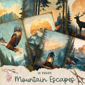 Bellissime pagine di diario spazzatura della natura, kit di diario spazzatura di montagna e foresta ad acquerello, foglio di carta artigianale shabby chic Ephemera Scrapbooking