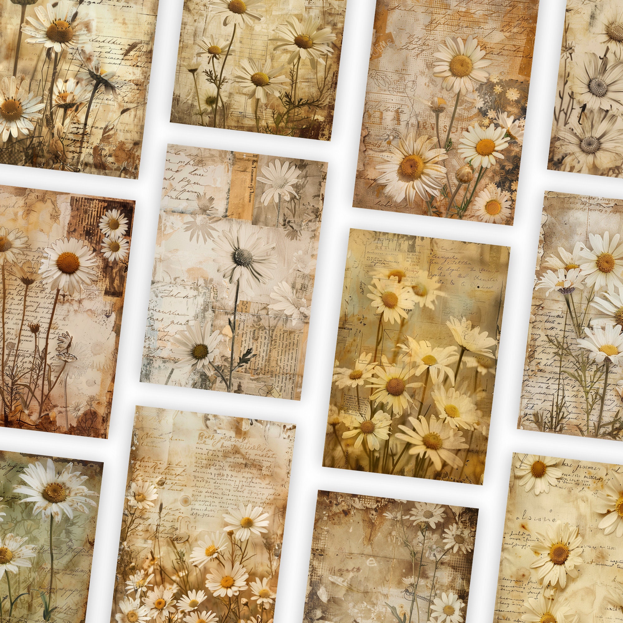 Vintage Daisy Junk Journal Half Pages, Digital Scrapbook Paper, Floral ...