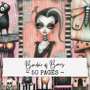 May include: A collage of whimsical illustrations with a gothic theme. Features a black cat, owl, and a woman with dark makeup. Includes a moth with skull details, mushrooms, and the text "Boudoir of Bones - 50 Pages".