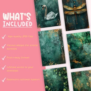 Emerald and Gold Mixed Media Junk Journal Half Pages, Digital Papers ...