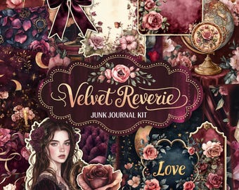 Könnte beinhalten: Ein digitales Junk Journal Kit mit einem dunklen Burgunder- und Goldfarbschema. Das Kit enthält eine Vielzahl von Bildern, darunter Blumen, eine Frau, einen Globus und einen Mond. Der Text "Velvet Reverie Junk Journal Kit" ist auf dem Kit abgebildet.