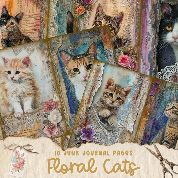 Cat Junk Journal Papers Kit, Kitten Ephemera, Printable Download, Mixed Media, Scrapbook, Instant Decoupage, Floral, Shabby Chic Png