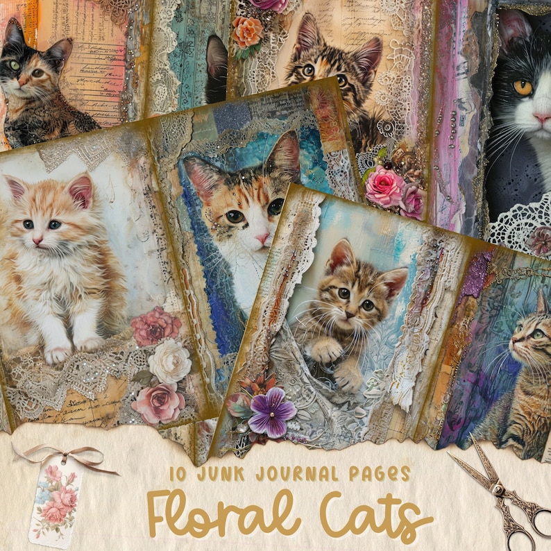 Cat Junk Journal Papers Kit, Kitten Ephemera, Printable Download, Mixed Media, Scrapbook, Instant Decoupage, Floral, Shabby Chic