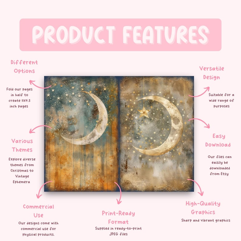 Celestial Moon Junk Journal Pages, Digital Scrapbook Paper Kit, Vintage ...