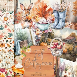 Fall Cottagecore Junk Journal Kit, Autumn Printable Pages, Cozy Backgrounds, Patterns, Writing Paper and Ephemera for Scrapbook and Crafts