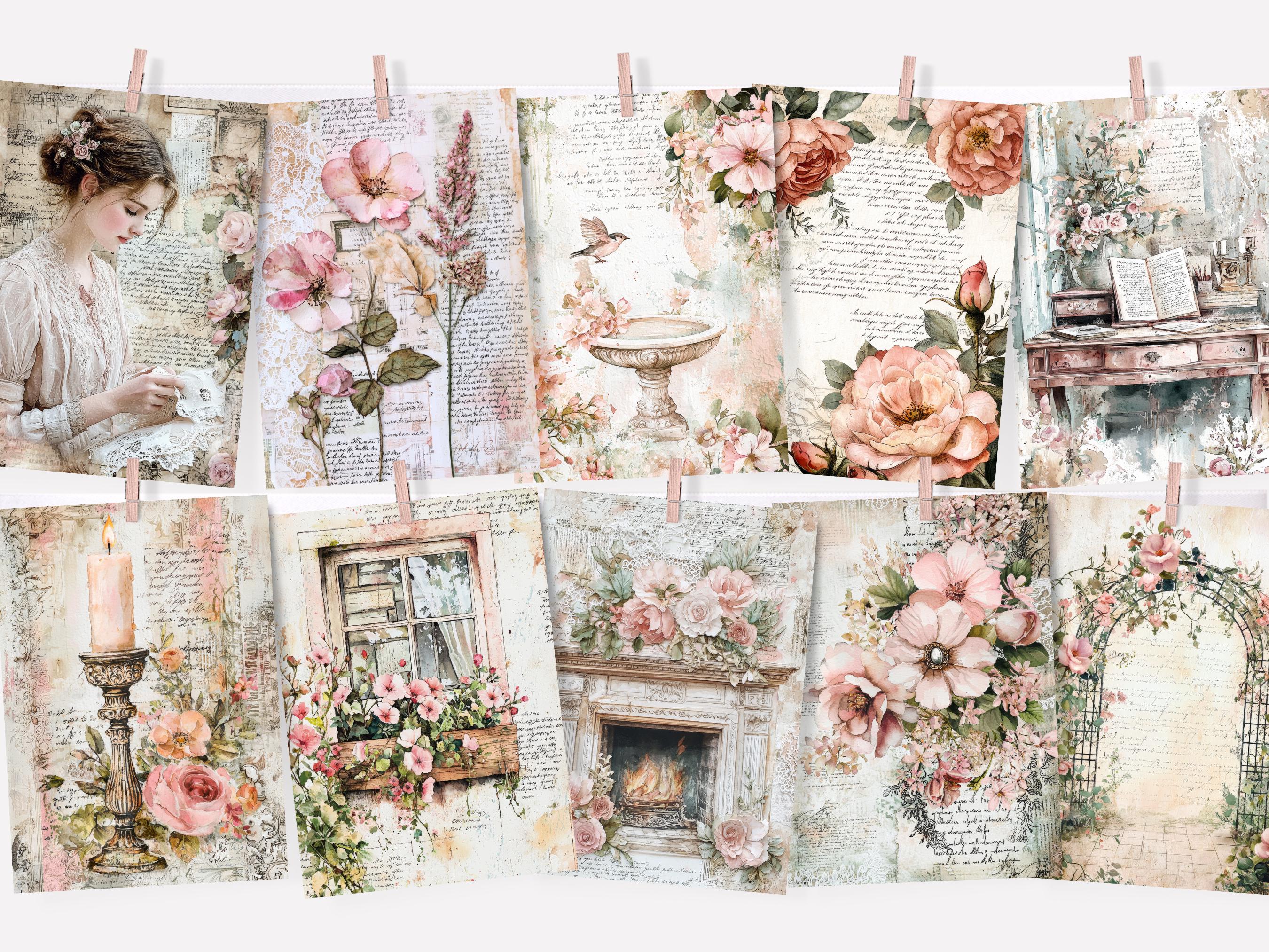 Shabby Rose Chic Junk Journal Papers, Vintage Floral Digital Paper ...