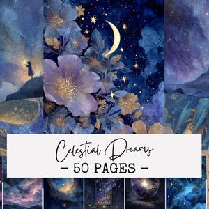 Puede incluir: Una colección de grabados artísticos en acuarela con temática celestial. Los grabados presentan escenas de ensueño de flores, estrellas, una luna creciente y un faro, todo en tonos de azul, morado y dorado. Se muestra el texto "Celestial Dreams - 50 PAGES -".