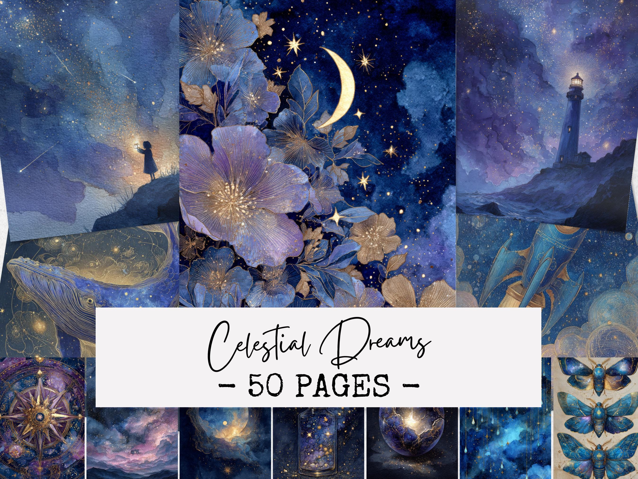 Celestial Dreams Junk Journal Pages, Moon and Stars Digital Papers ...
