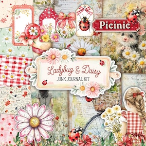 以下が含まれることがあります： ピクニックをテーマにしたスクラップブック要素のコラージュ。タグ、ラベル、フローラルのアクセントが含まれています。「Ladybug & Daisy Junk Journal Kit」のテキストが目立ちます。 デイジー、てんとう虫、マウスが特徴です。
